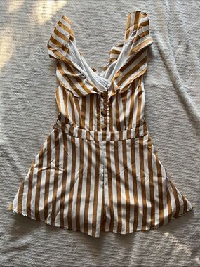 Striped V-Neck Ruffled Romper in Mustard and White